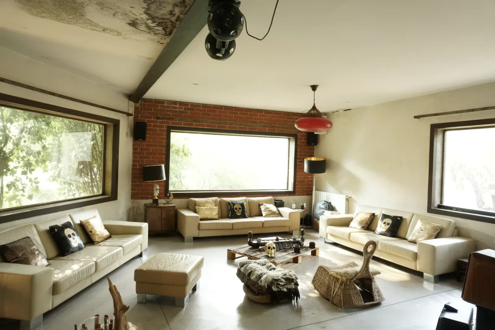 Sala de estar con sofás claros y ladrillo visto